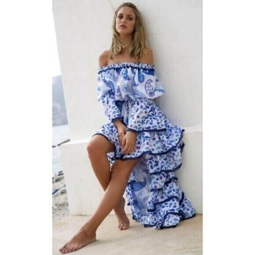 Jody Bell Off The Shoulder Hi-Low Layered Silk Dress Blue Paisley Print